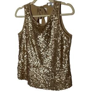 Night Out Copper Metallic Gold Sequin Sleeveless Open Back Tie Tank Blouse S